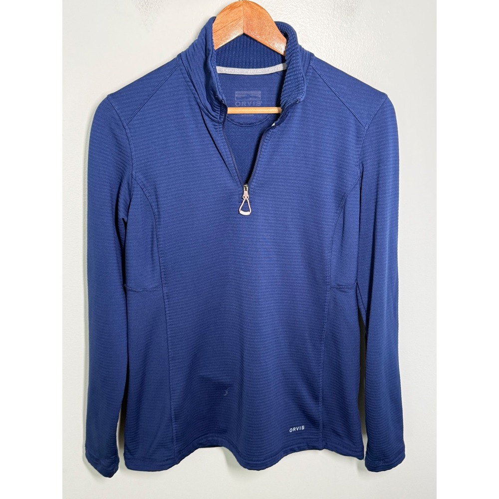Orvis Womens Medium Blue Textured Micro Grid Fleece Quarter Zip Pullover Top